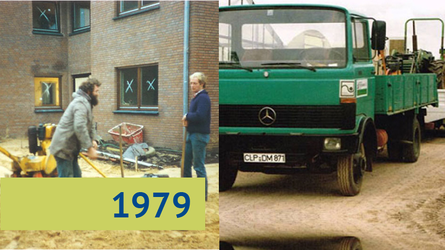 1979, zwei Bauarbeiter vor Baustelle und ein Firmen-LKW der Firma Stegemann